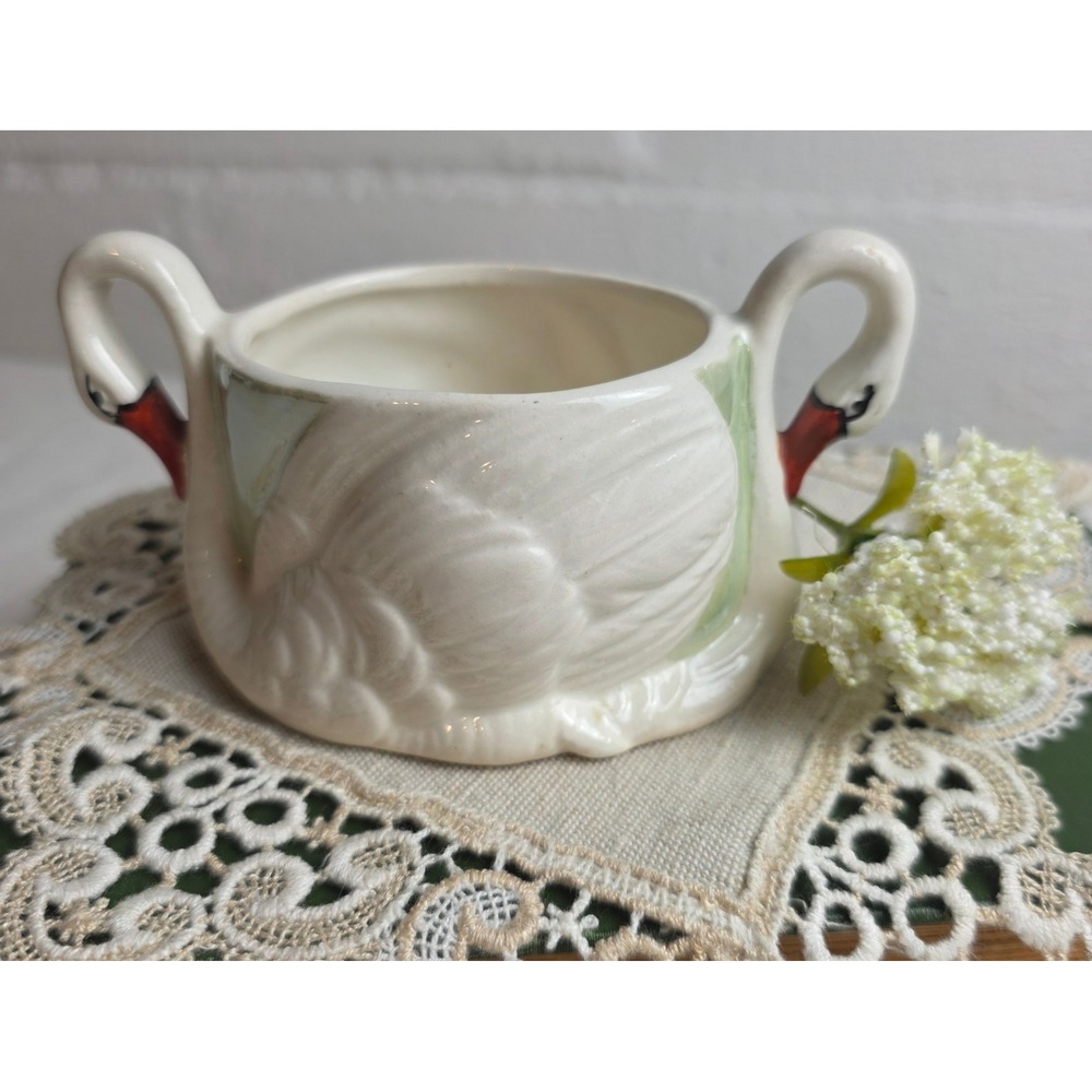 Vintage Czechoslovakian Ceramic Double Swan Sugar Bowl